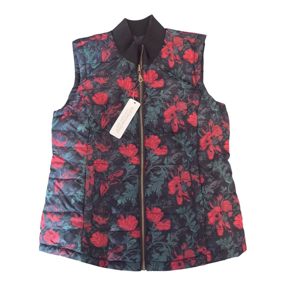 NWT Soft Surroundings Reversible Puffer Vest Black/Floral XS